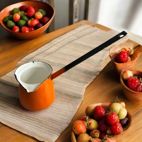 Vintage Enamelware Melting Pot Orange White Distressed 2.4”x2.4” Handle is 4.7” - Picture 1 of 10